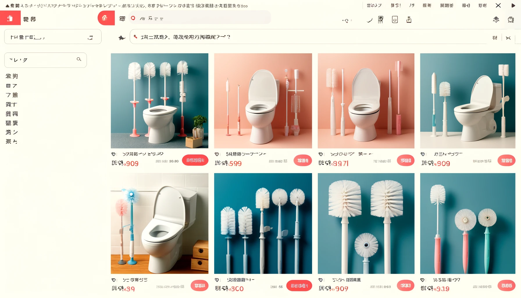 A screenshot of an e-commerce website in Japan showing a variety of flushable toilet brushes available for online purchase, with clear product images and prices.