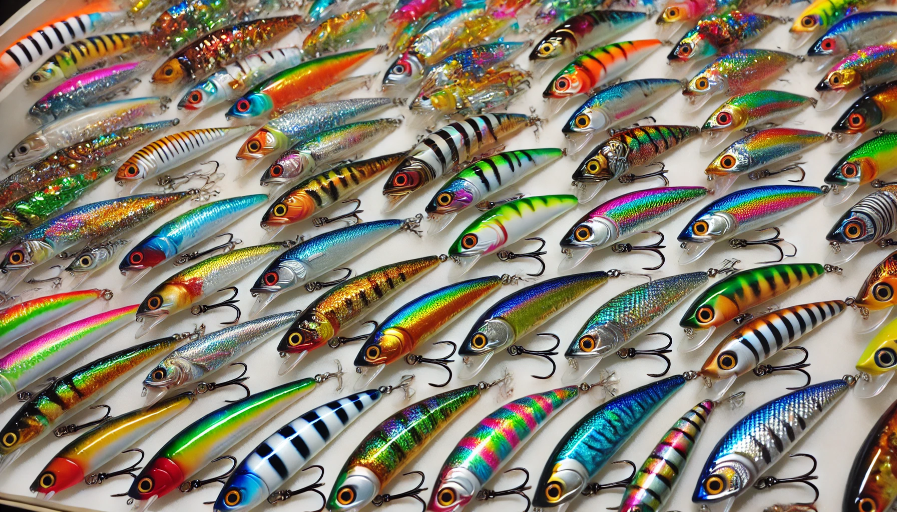 A variety of colorful and shiny anchovy-shaped lures displayed in an array, showing different patterns and designs, appealing to fishing enthusiasts.