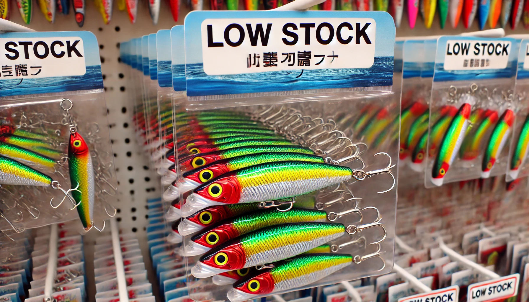 A colorful and shiny anchovy-shaped lure with a sign indicating low stock, displayed in a nearly empty store shelf, creating a sense of urgency.