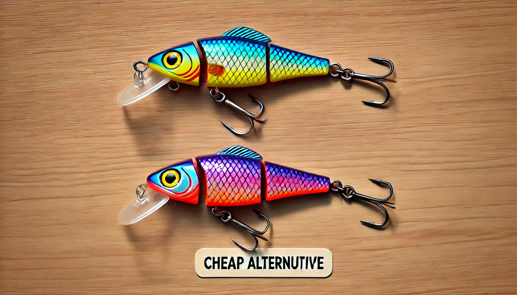 A cheap alternative to the colorful and shiny anchovy-shaped lure, displayed next to the original lure, showing the differences in quality and features.