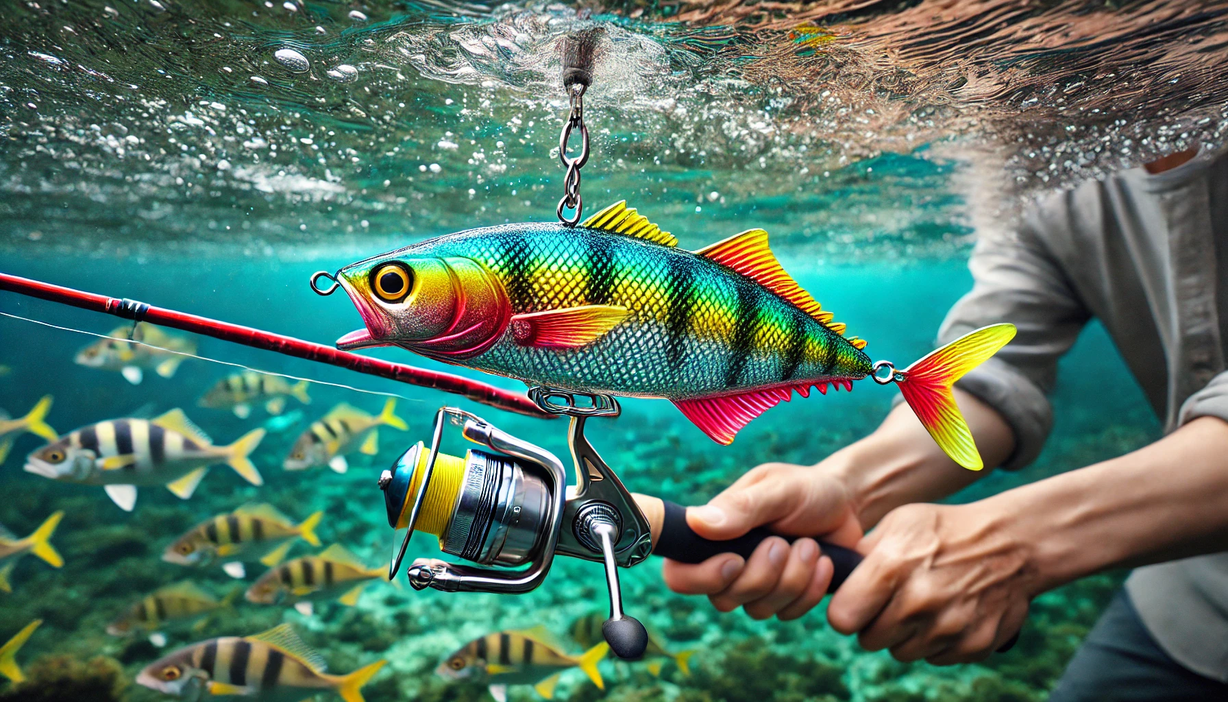 A Japanese person using a colorful and shiny anchovy-shaped lure for flounder fishing, showing the lure in action underwater and the fisherman handling the fishing rod.