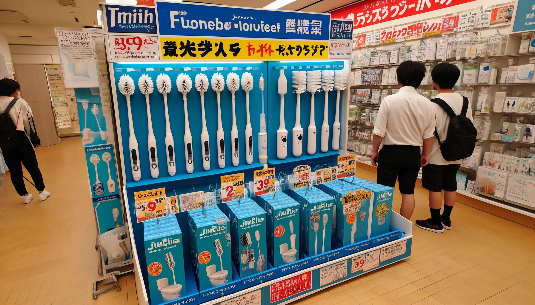 A Japanese store with a display of newly redesigned flushable toilet brushes, featuring new packaging and improved design, with customers browsing the new products.