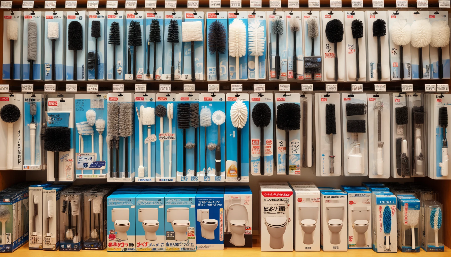 A Japanese store shelf displaying a wide lineup of flushable toilet brushes, showcasing different models, sizes, and features, with clear labels and organized arrangement.