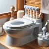 A Japanese home bathroom with a close-up of a flushable toilet brush and its spare brush heads, neatly arranged on a shelf nearby.