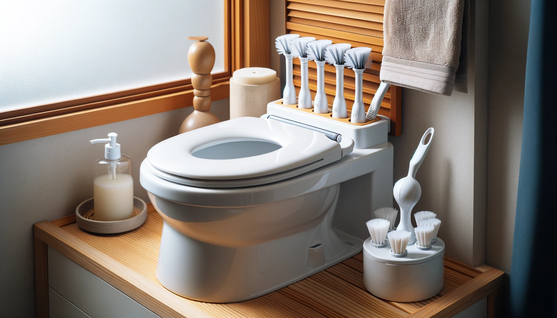 A Japanese home bathroom with a close-up of a flushable toilet brush and its spare brush heads, neatly arranged on a shelf nearby.