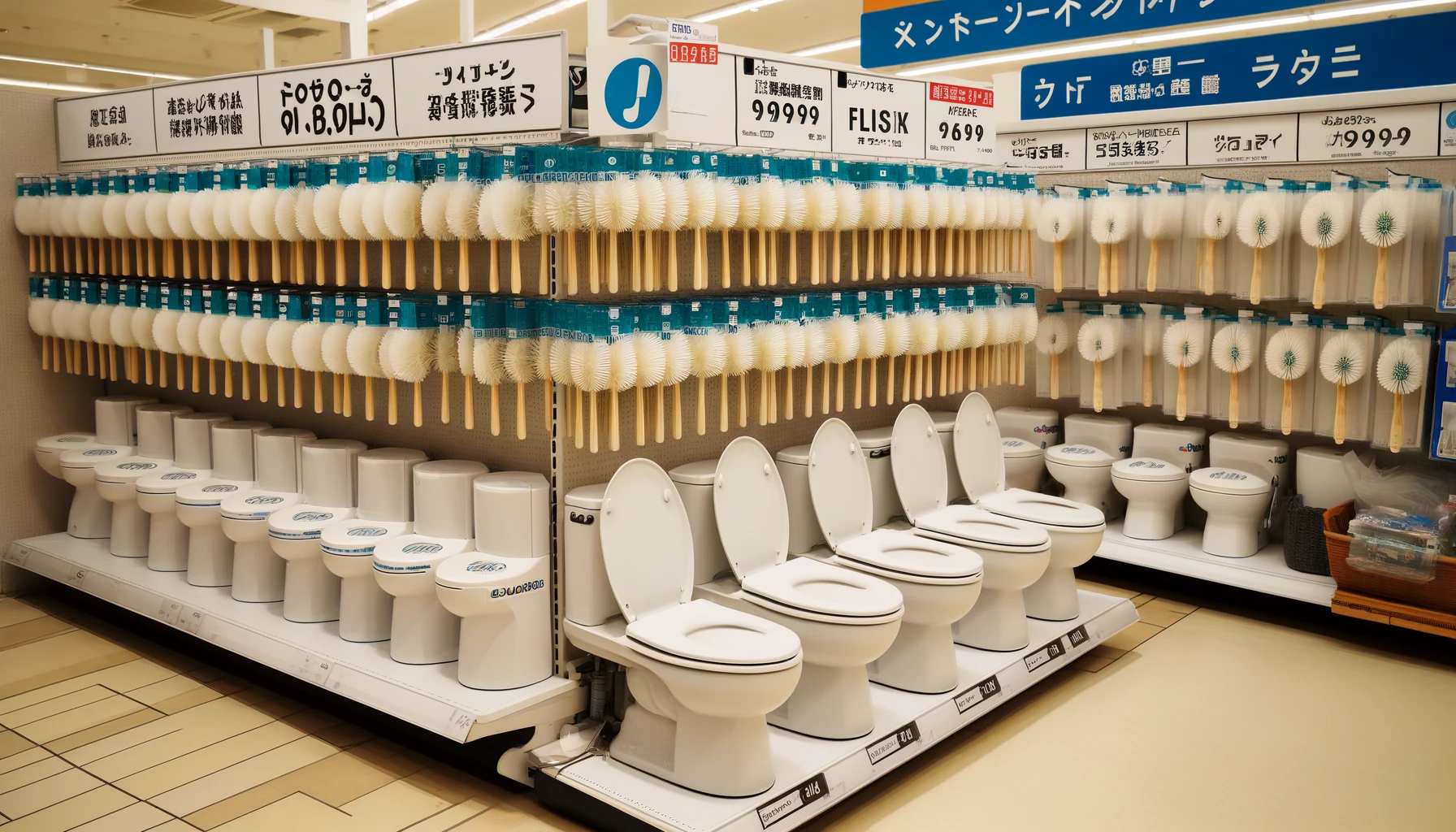 A clean and modern bathroom aisle in a Japanese supermarket, with neatly arranged toilet brushes and signs indicating they are flushable.