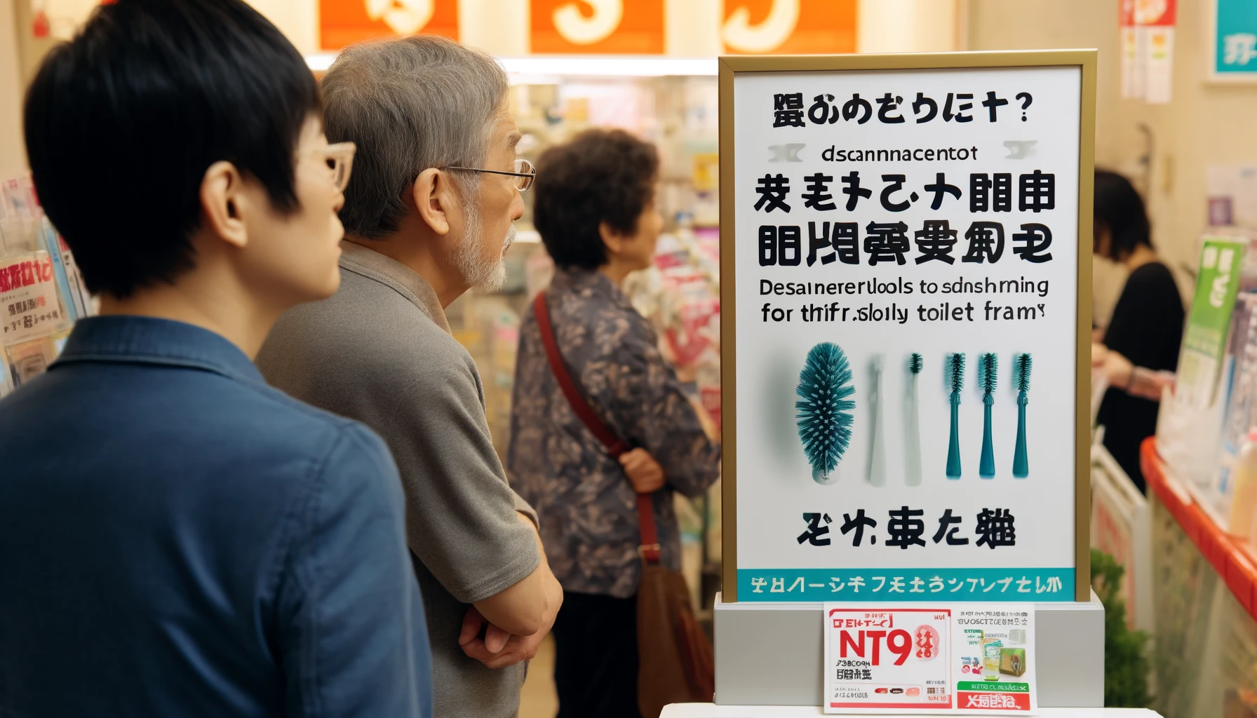 A sign at a Japanese store announcing the discontinuation of flushable toilet brushes, with customers looking at it.