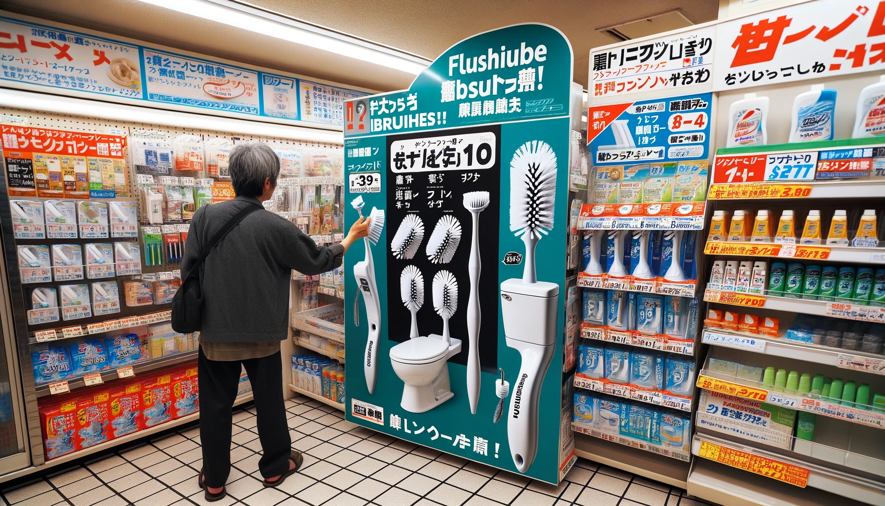 A convenience store in Japan with a prominent display of flushable toilet brushes, showing the ease of purchase with a customer picking one up.