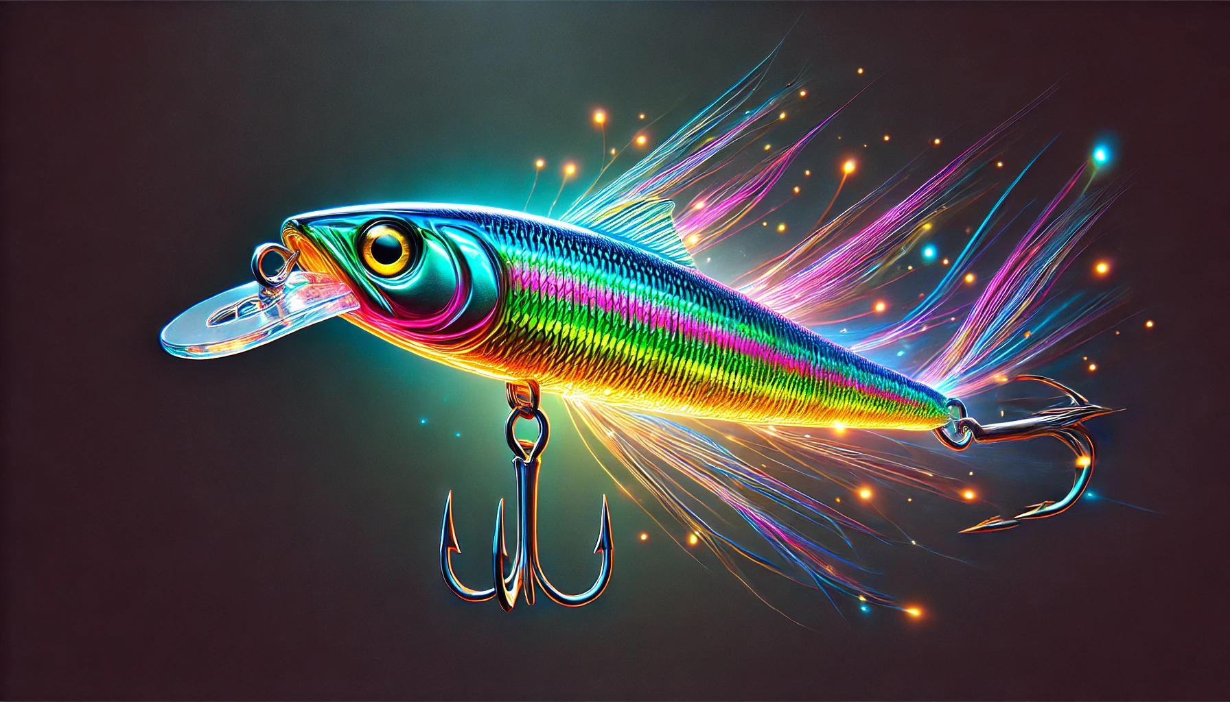 A colorful and shiny anchovy-shaped lure, glowing with vibrant hues, detailed with intricate patterns and realistic features.