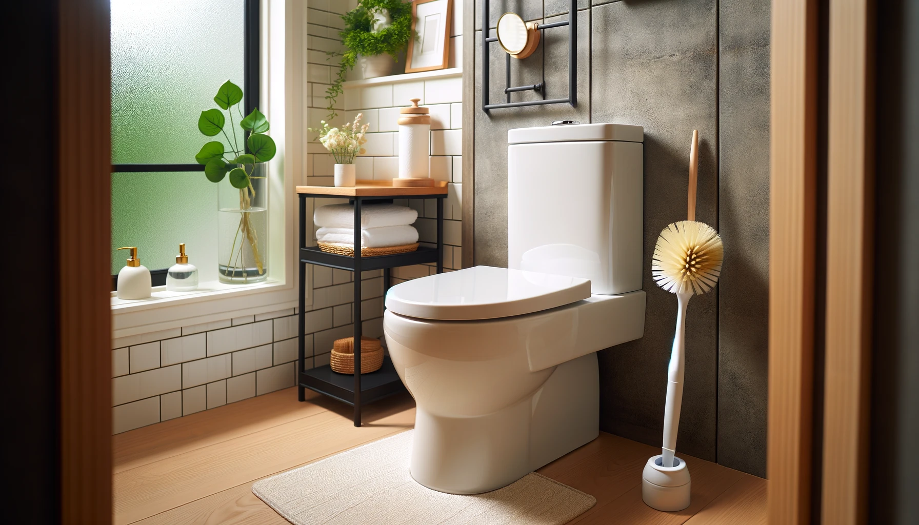 A clean and stylish bathroom in a Japanese home, with a flushable toilet brush prominently placed, showing its popularity and convenience.