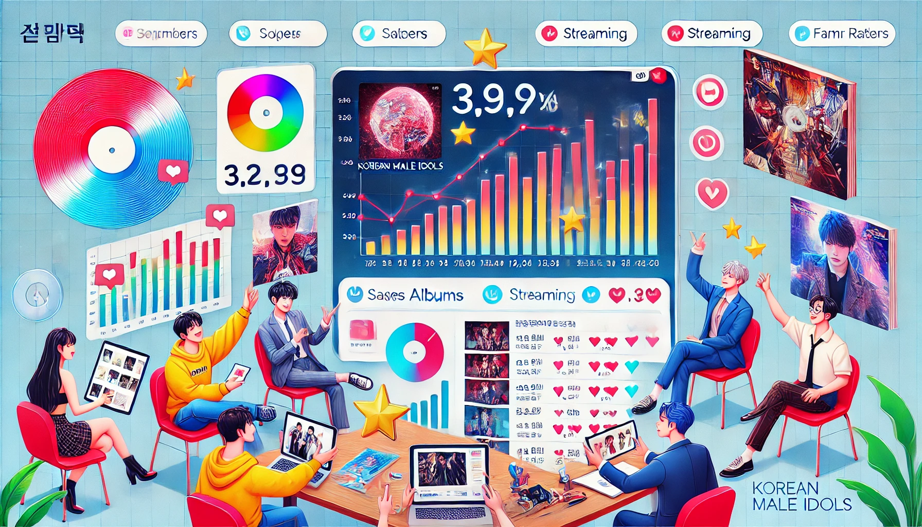 A dynamic page displaying the popularity of albums by Korean male idols, including charts and graphs showing sales numbers, streaming counts, and fan ratings. The layout is vibrant and engaging.