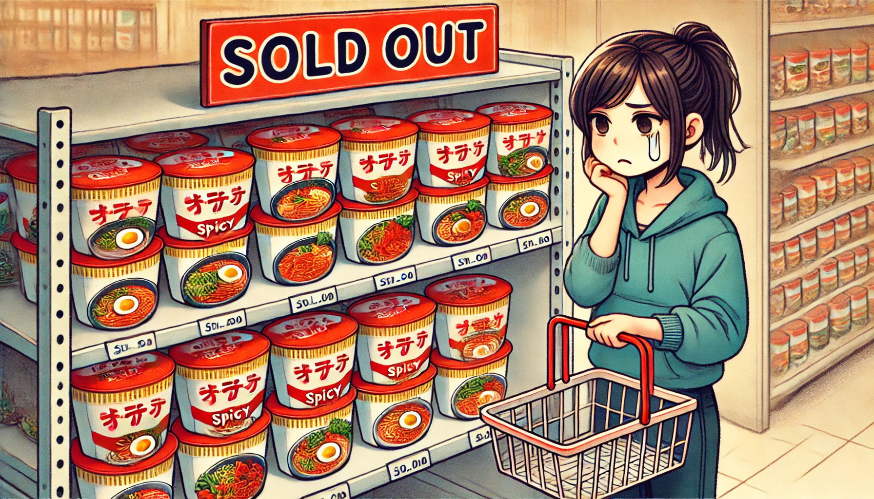 A scene showing a variety of spicy ramen cups with red vegetables and a 'Sold Out' sign. The shelves are empty, and a Japanese woman looks disappointed, holding an empty basket.