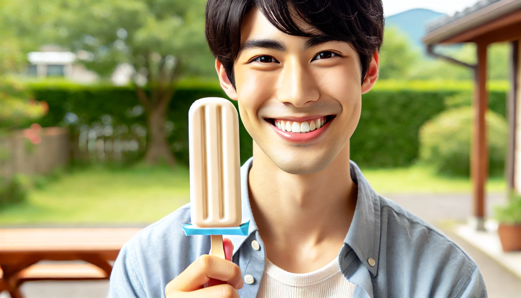 A satisfied Japanese person enjoying a long rectangular yogurt ice cream bar with a stick. The yogurt bar has a creamy, smooth texture and looks very refreshing. The background is a pleasant outdoor setting.