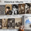 A beautifully designed page showcasing historical albums of Korean male idols, featuring album covers and release years. The page has a modern, sleek layout with a focus on visual appeal.