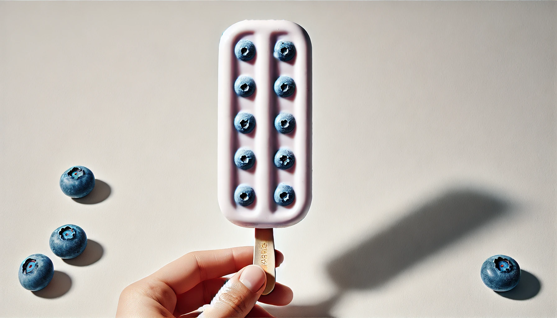 A long rectangular yogurt ice cream bar with a stick, in blueberry flavor. The yogurt bar has a creamy, smooth texture and looks very refreshing. The background is minimalistic to keep the focus on the blueberry-flavored ice cream bar.