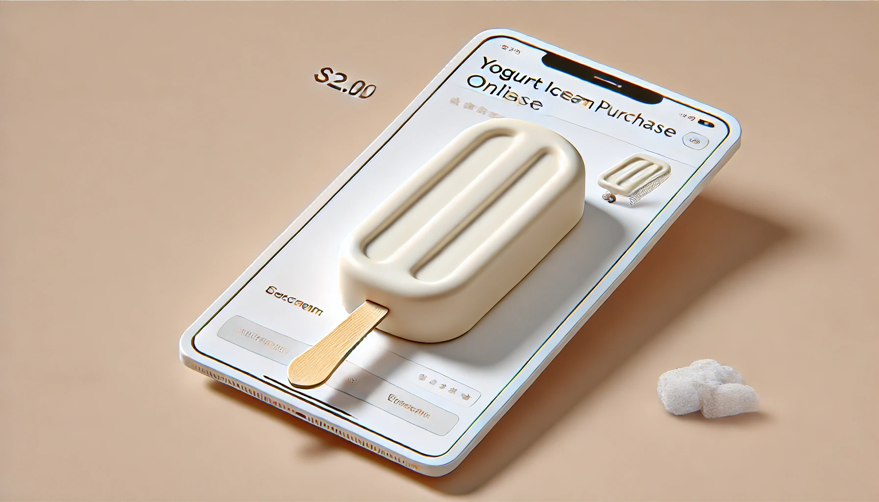 A long rectangular yogurt ice cream bar with a stick, displayed with packaging for online purchase. The yogurt bar has a creamy, smooth texture and looks very refreshing. The packaging indicates it is available for purchase online. The background is minimalistic.