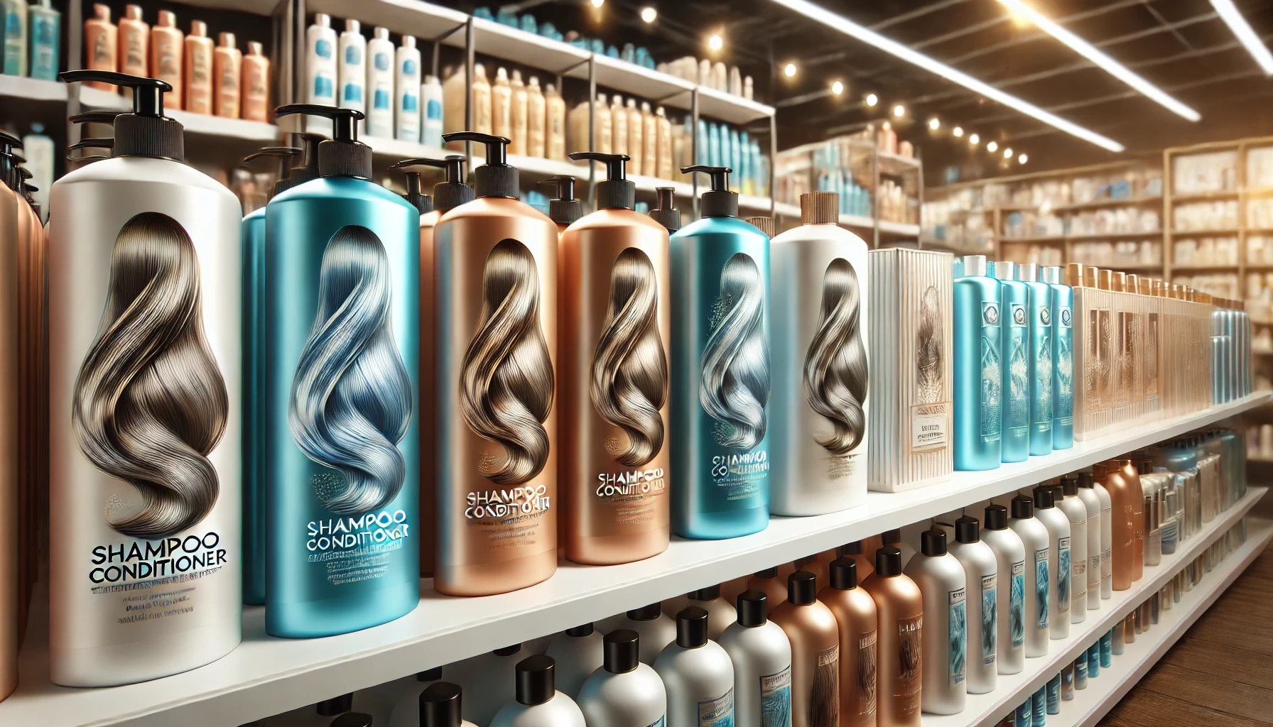 A detailed image of popular shampoo and conditioner products that make hair silky smooth, arranged on a shelf in a store. The products should have eye-catching packaging and be organized neatly. The background should show a modern store interior with good lighting and other hair care products nearby.