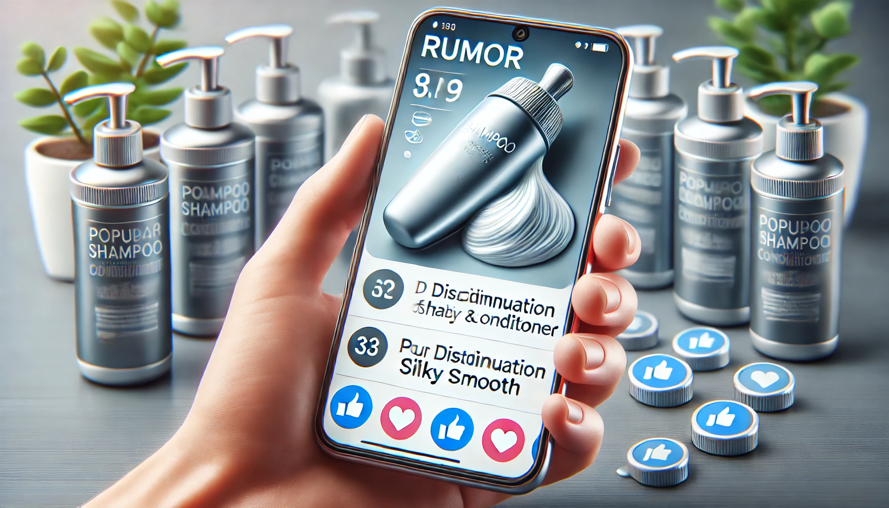 A detailed image of a rumor about the discontinuation of popular shampoo and conditioner products that make hair silky smooth. The image should show a social media post with comments and reactions, indicating the discussion about the rumor. The background should show a smartphone screen in a user's hand, with a modern, clean setting around.