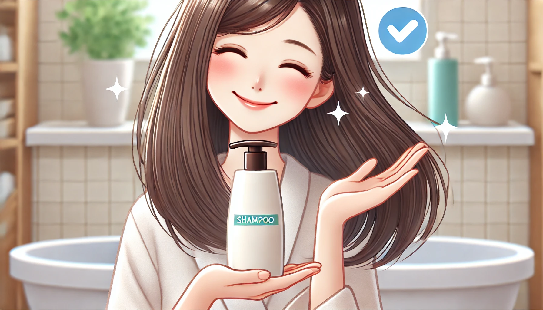 A detailed image showing a satisfied Japanese person holding a bottle of shampoo and conditioner that make hair silky smooth. The person should have smooth, shiny hair and a happy expression. The background should be a modern, clean bathroom setting with soft lighting.