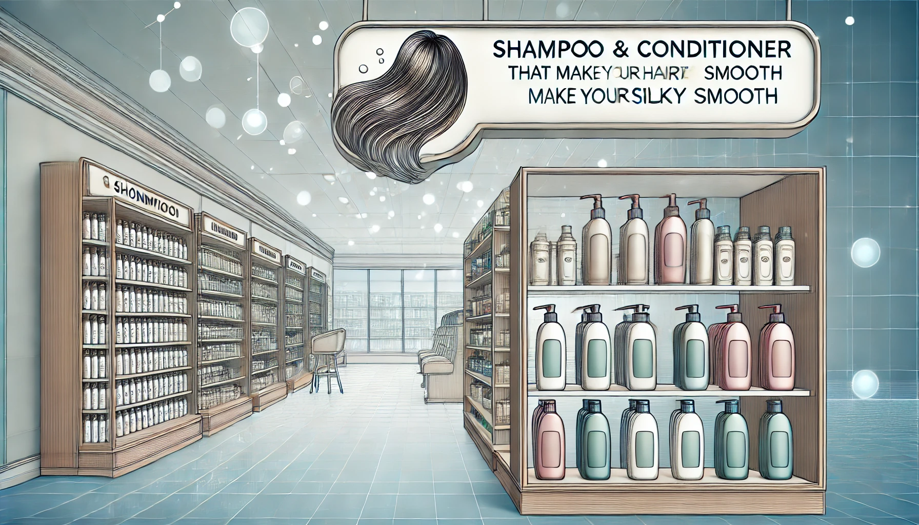 A detailed image showing a store that sells shampoo and conditioner that make hair silky smooth. The store should have a clear sign indicating it sells hair care products, with shelves stocked with various shampoo and conditioner bottles. The background should show a well-lit, modern store interior.