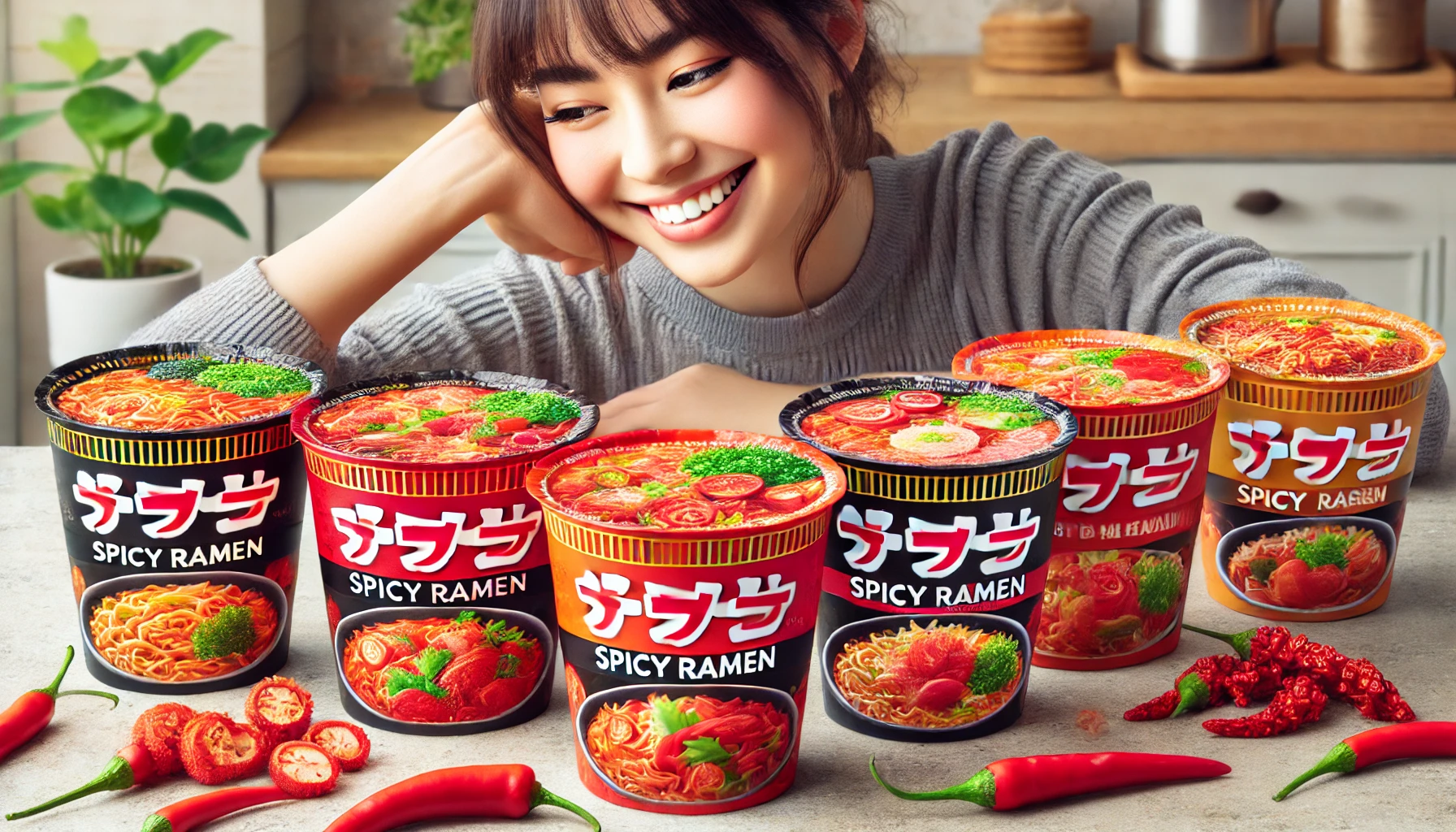 A variety of spicy ramen cups with red vegetables, showing different flavors and packaging designs. The ramen cups are arranged on a kitchen counter, and a Japanese woman is happily picking one up.