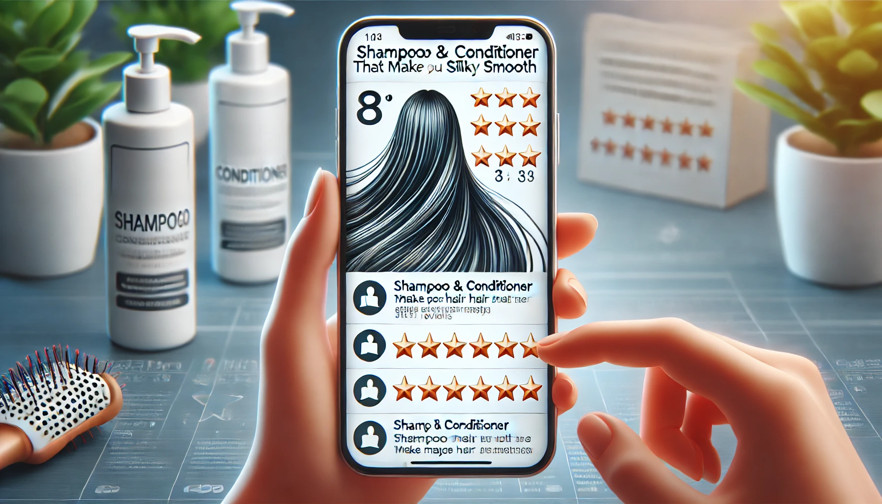 A detailed image showing a social media post with reviews and comments about shampoo and conditioner that make hair silky smooth. The post should have multiple positive reviews, star ratings, and comments. The background should be a smartphone screen in a user's hand, with a modern, clean setting around.