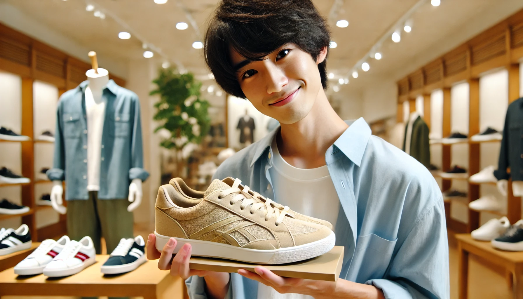 Japanese person satisfied after purchasing high-quality sneakers from a traditional brand, showing their new sneakers with a smile.