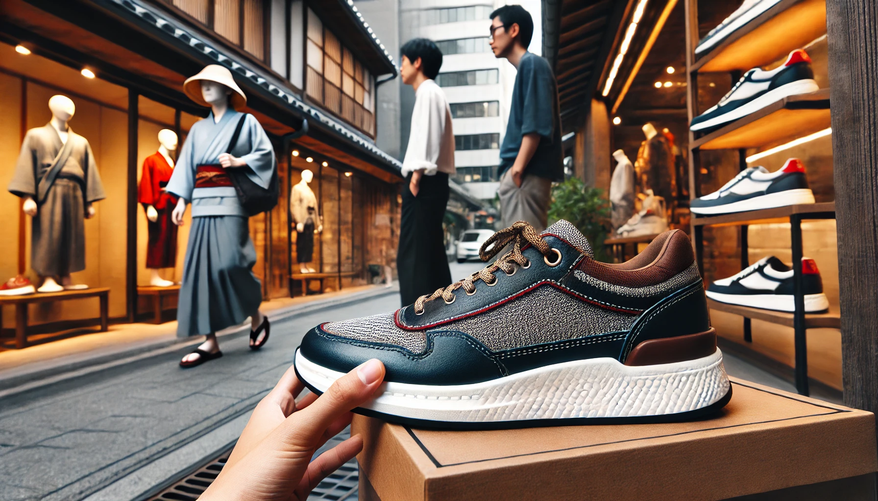 A high-quality sneaker from a traditional brand, shown in an outdoor setting with a retail store in the background, Japanese people shopping.