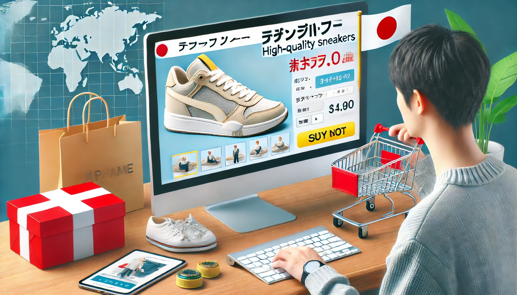 Japanese person purchasing high-quality sneakers from a traditional brand online, with a computer and shopping cart on the screen.