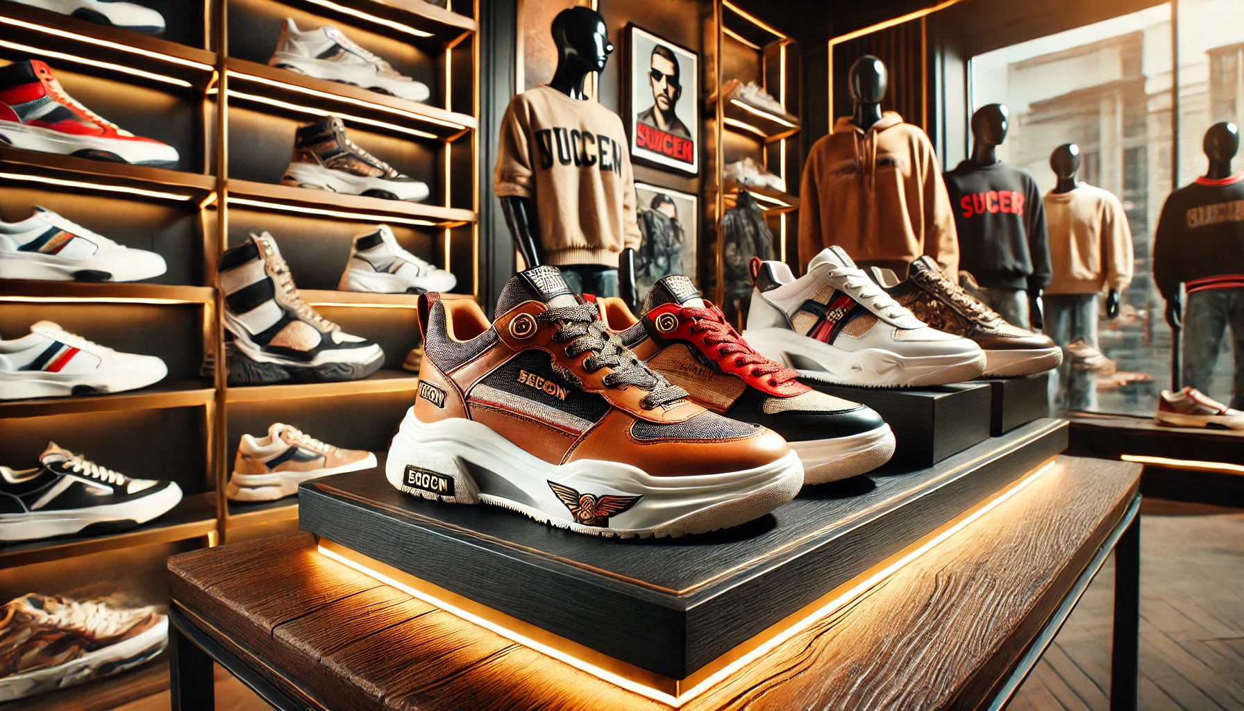 High-quality sneakers from a traditional brand, showcasing their popularity with a stylish display, in a trendy setting.