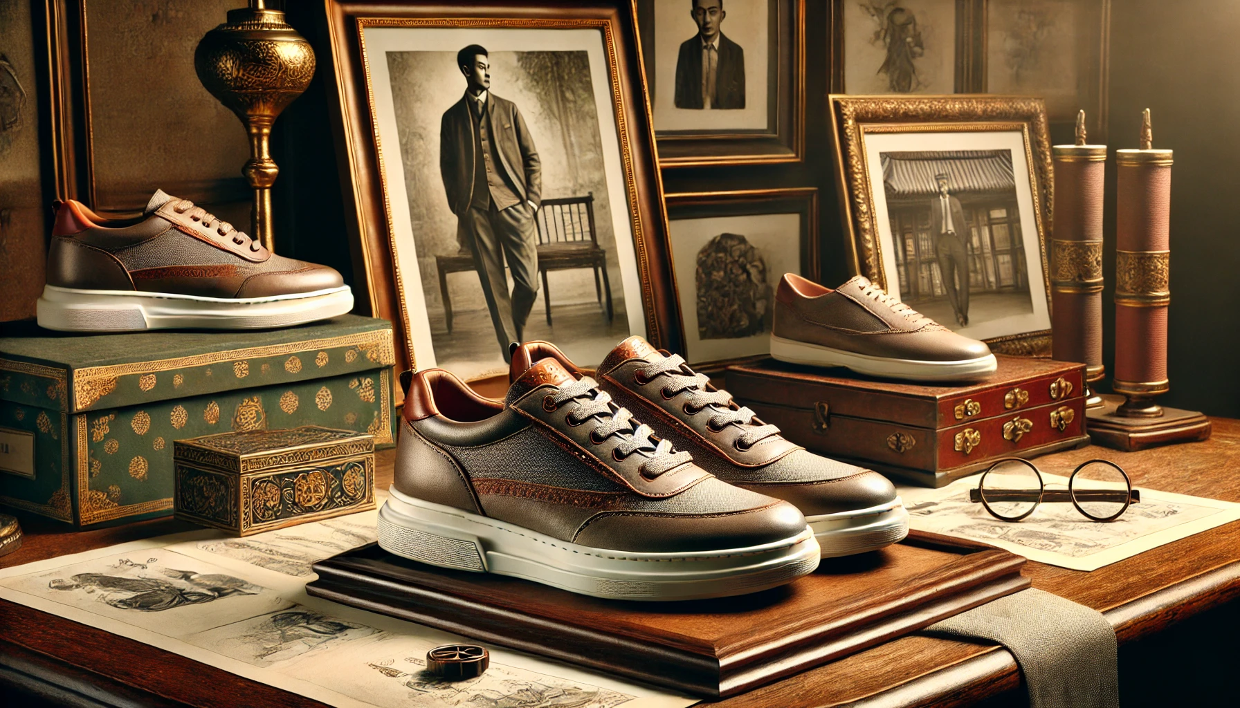 A pair of high-quality sneakers from a traditional brand, displayed to highlight the brand's appeal and craftsmanship, placed in an elegant setting.