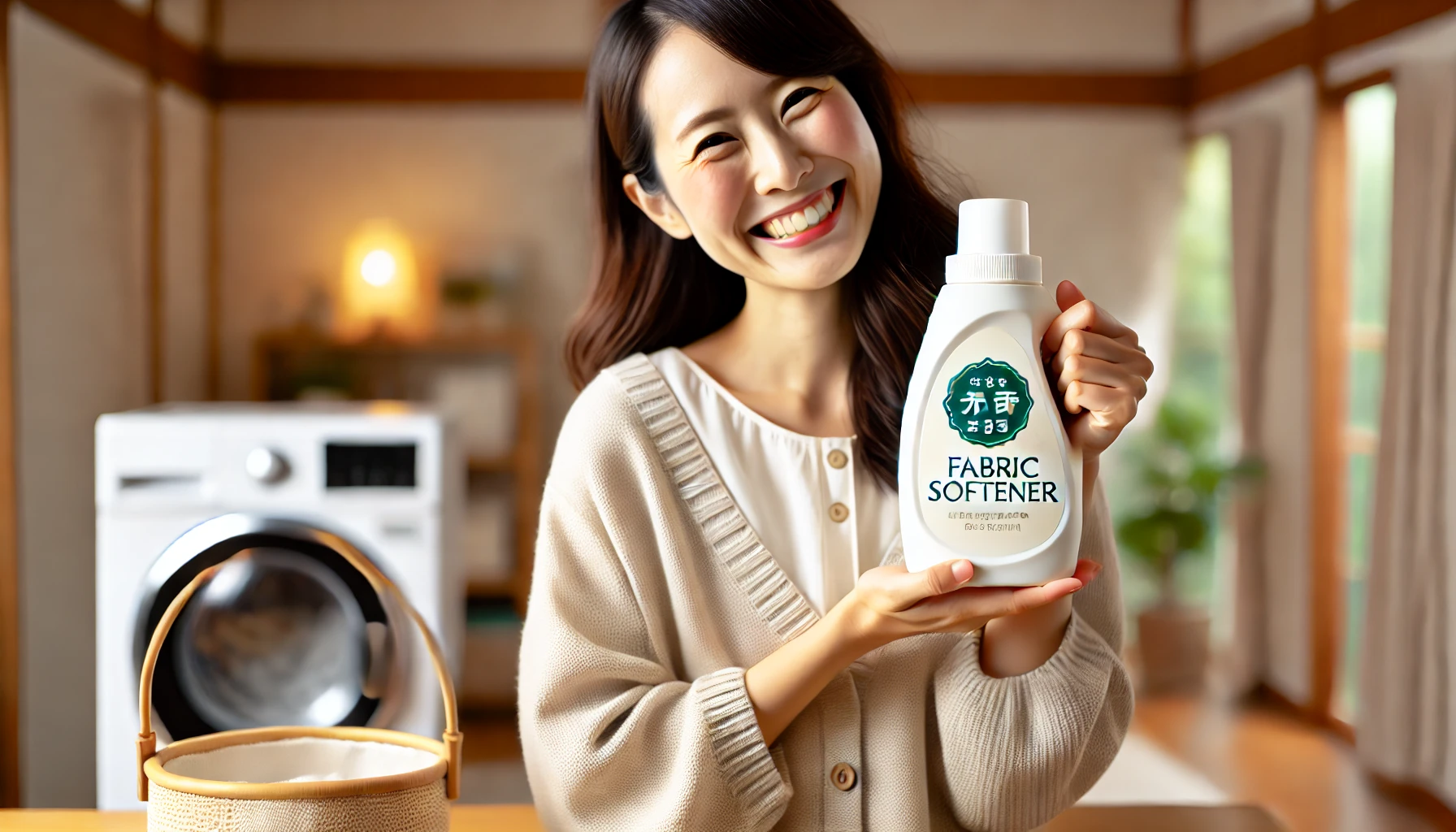 A Japanese person holding a newly purchased fabric softener and smiling with joy. The fabric softener bottle has a label indicating a pleasant scent. The background shows a cozy home setting, emphasizing the happiness of acquiring a desired product.