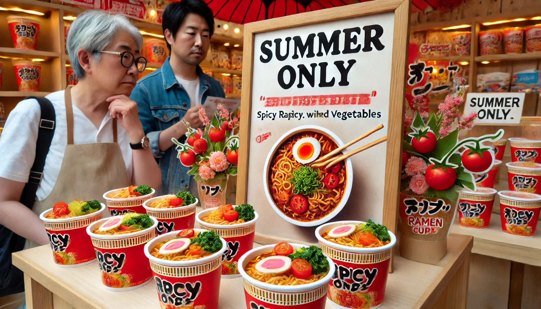 A display of spicy ramen cups with red vegetables, labeled as 'Summer Only' in bold letters. The ramen cups are arranged on a table with summer-themed decorations. A Japanese man and woman are looking at the display with interest.