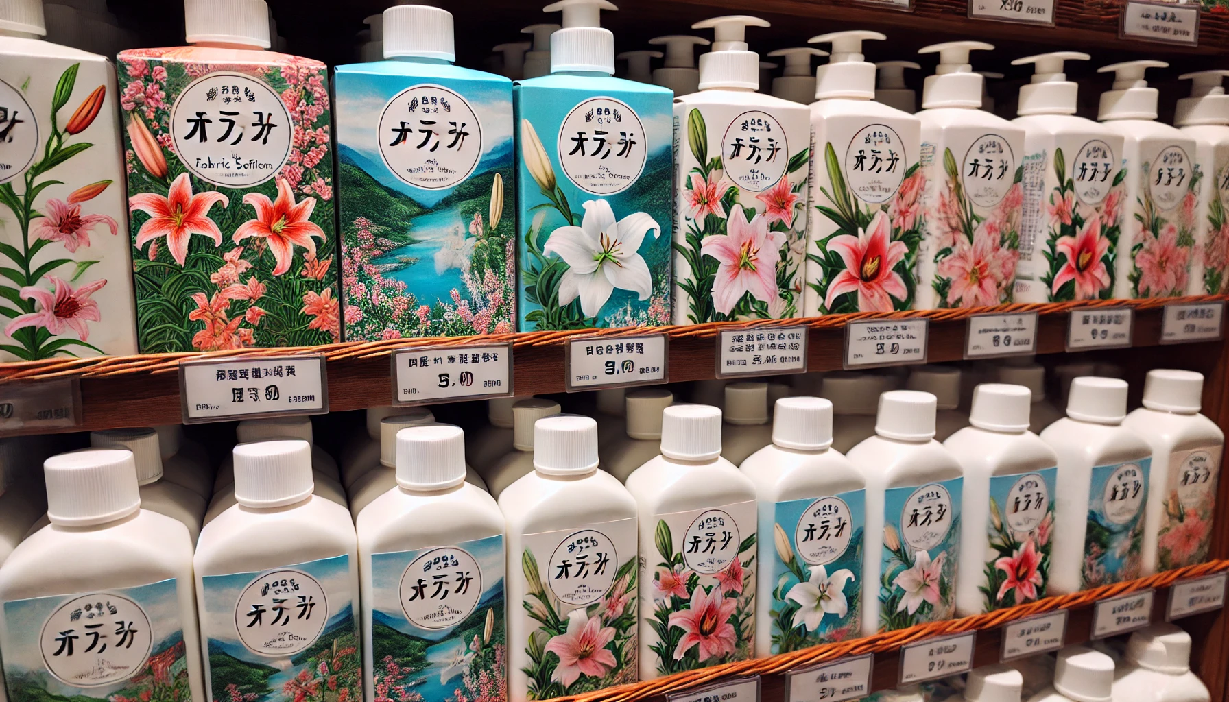 A display shelf filled with various bottles of fabric softeners with labels indicating 'やまゆりの香りの柔軟剤' in Japanese. The packaging features beautiful images of mountain lilies and is arranged attractively on the shelf.