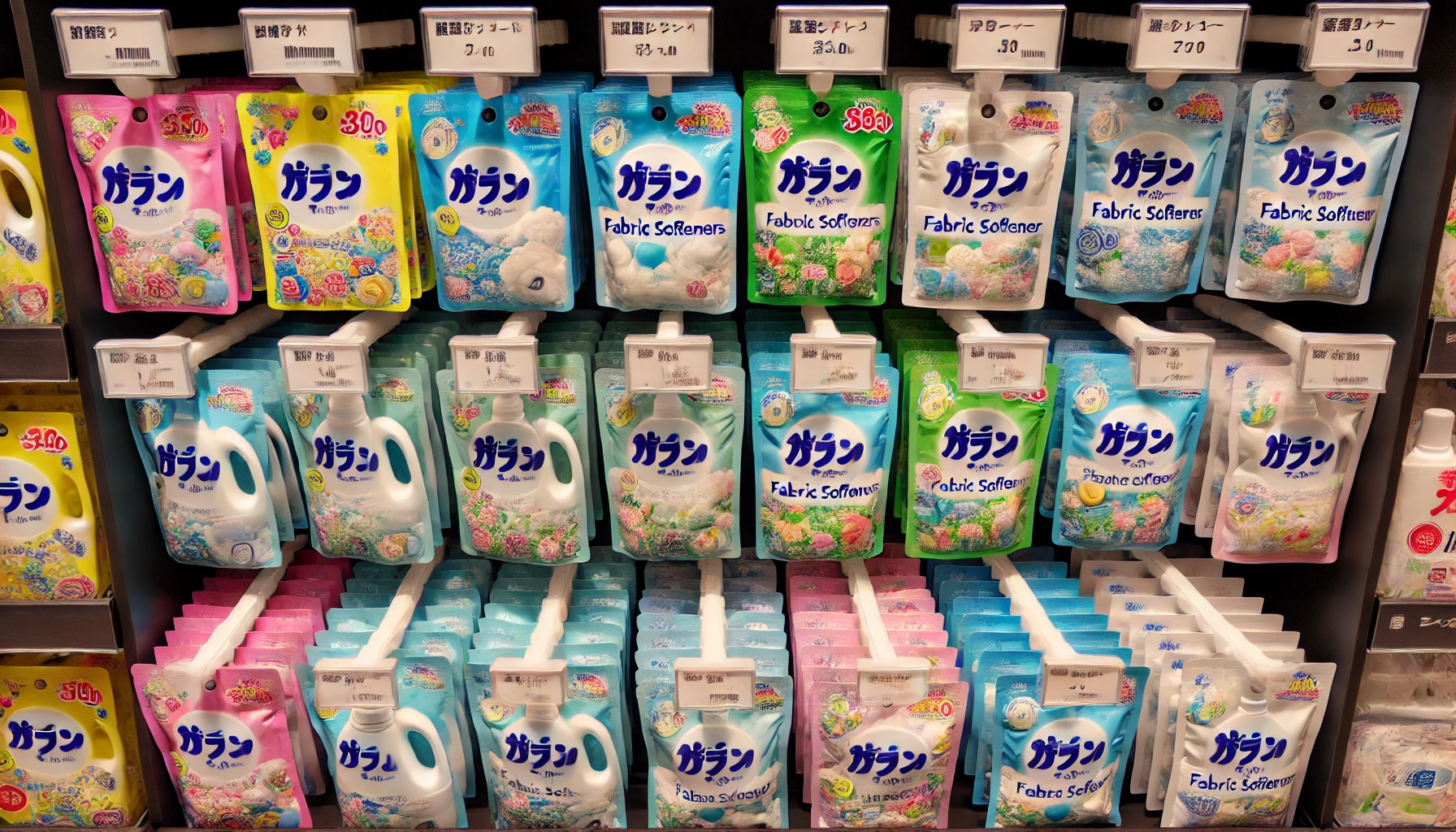 A display shelf filled with various refill packs of fabric softeners. The labels on the refill packs indicate '詰め替え用の柔軟剤' in Japanese. The shelf is neatly organized with colorful and attractive packaging.