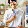 A Japanese man holding a freshly laundered, crisp shirt that smells wonderfully. The shirt looks perfectly pressed and the man is smiling, clearly enjoying the fresh scent from the fabric softener. In the background, there is a laundry room setting with a neatly organized laundry area.