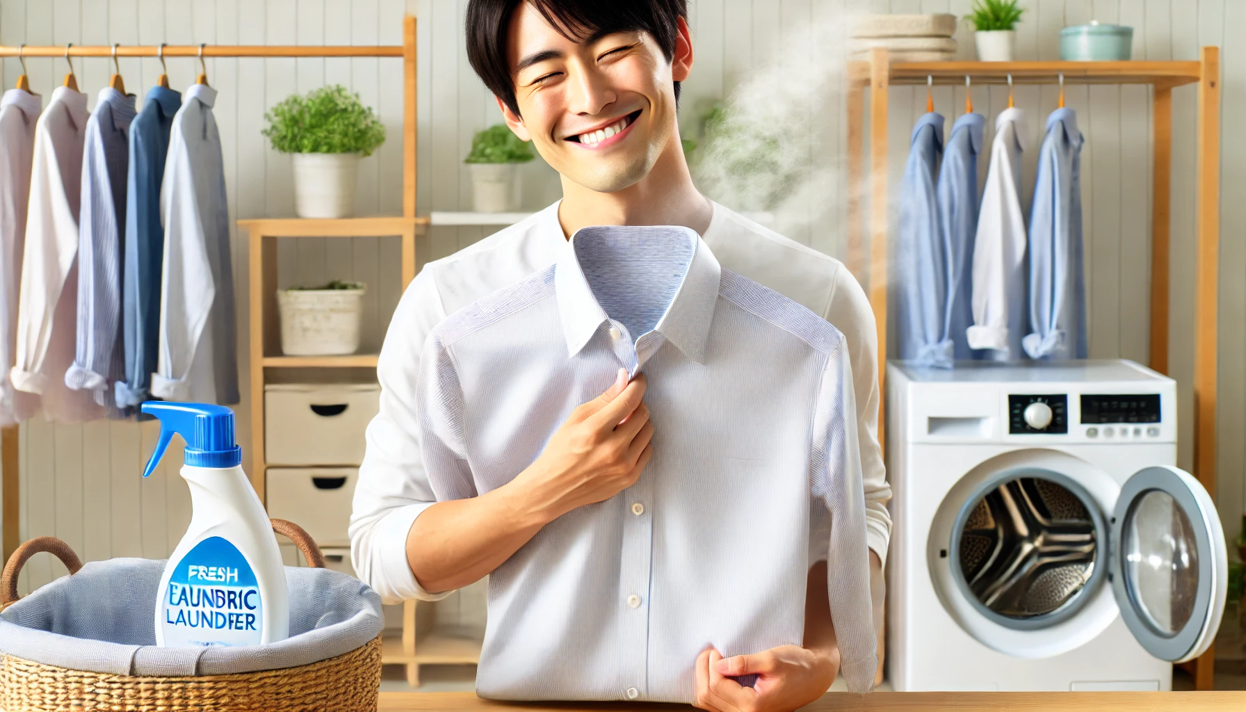 A Japanese man holding a freshly laundered, crisp shirt that smells wonderfully. The shirt looks perfectly pressed and the man is smiling, clearly enjoying the fresh scent from the fabric softener. In the background, there is a laundry room setting with a neatly organized laundry area.