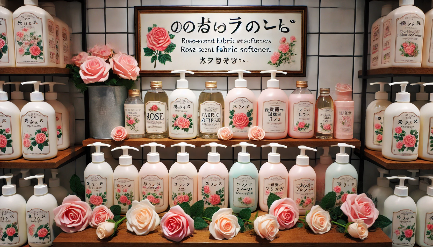 A display shelf filled with various bottles of rose-scented fabric softeners. The labels on the bottles indicate 'ローズの香りの柔軟剤' in Japanese. The bottles are aesthetically pleasing and arranged in an attractive manner, with some roses placed around the shelf for decoration.