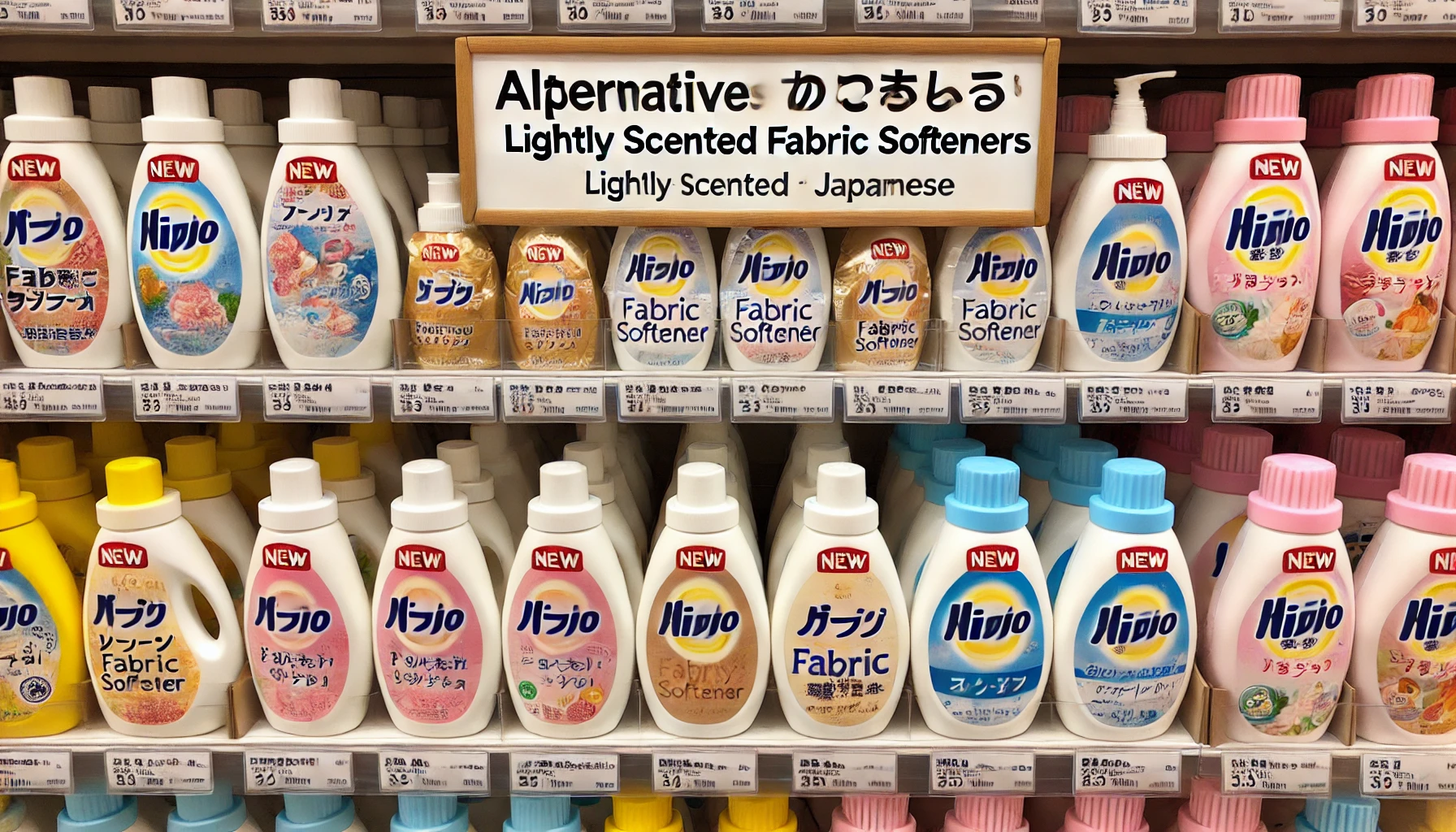 A display shelf showing various replacement products for lightly scented fabric softeners that have been discontinued. Labels on the bottles indicate they are alternatives to '販売終了した微香タイプの柔軟剤' in Japanese. The shelf is well-organized and the new products are neatly arranged.