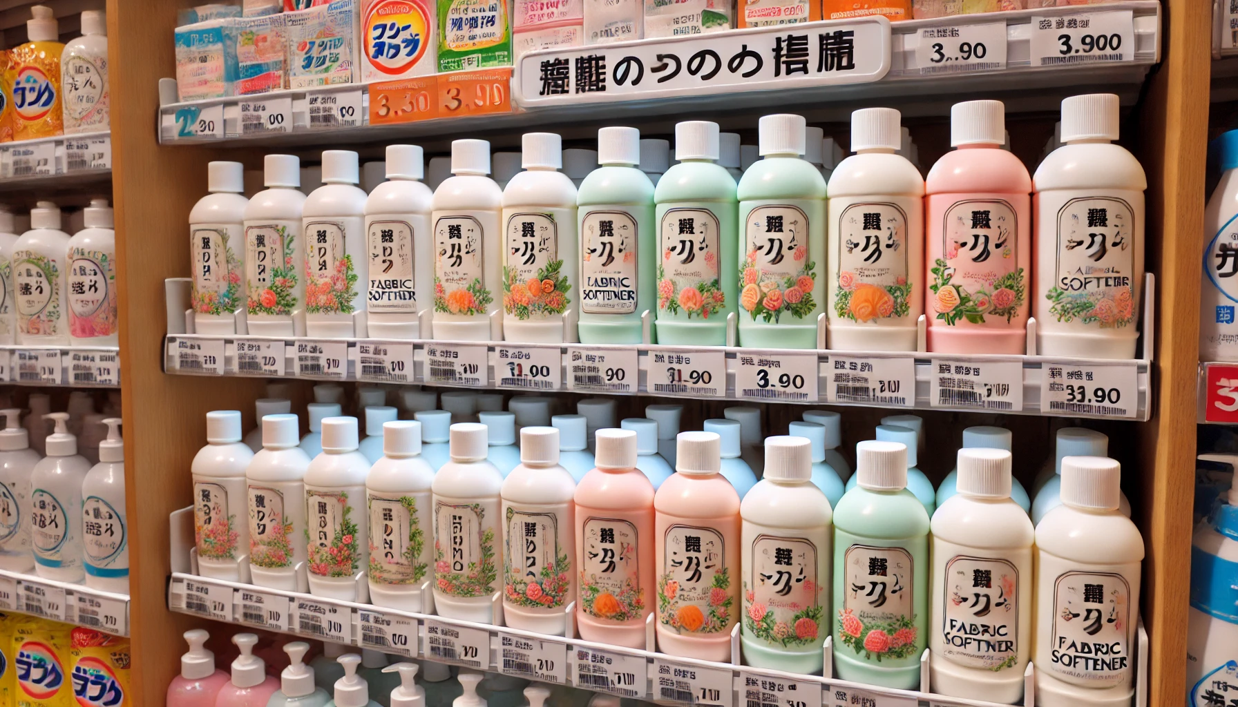 A display shelf filled with various bottles of lightly scented fabric softeners in a store. The labels on the bottles indicate '微香タイプの柔軟剤' in Japanese. The shelf is well-organized, and the bottles are neatly arranged.