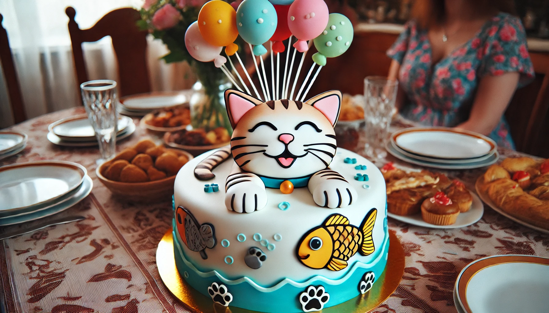 Celebration with a cat cake, featuring a happy cat surrounded by a festive atmosphere, with balloons and decorations. The cake should look like it's made for a cat, with fish-shaped decorations and paw prints.