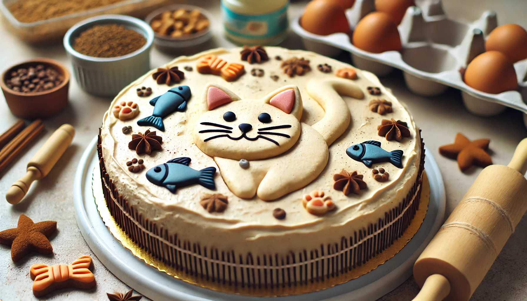 Handmade cat cake, crafted with care, featuring natural and safe ingredients for cats. The cake should have a homemade appearance with simple decorations like fish shapes and paw prints, set in a cozy kitchen environment.