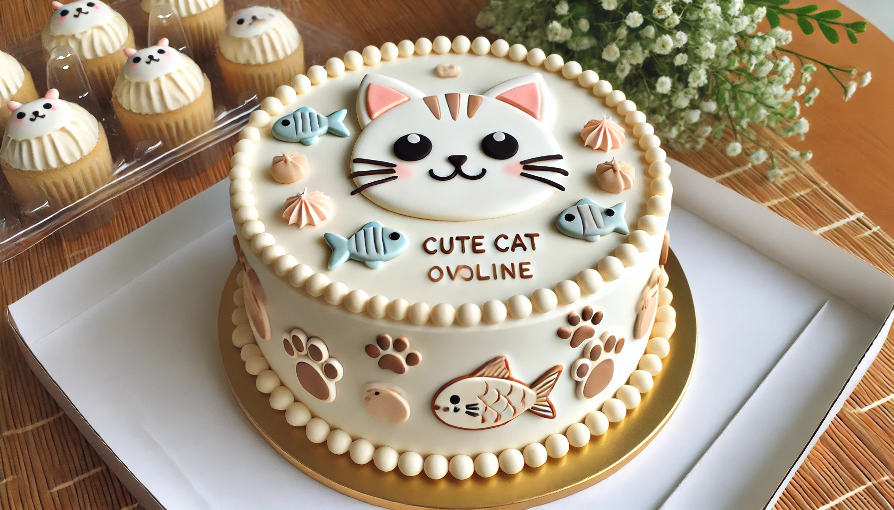 Cute cat cake available for purchase online, presented in an appealing and attractive way. The cake should be adorned with intricate decorations like fish shapes, paw prints, and little cat faces, with a clean white background and a professional look.