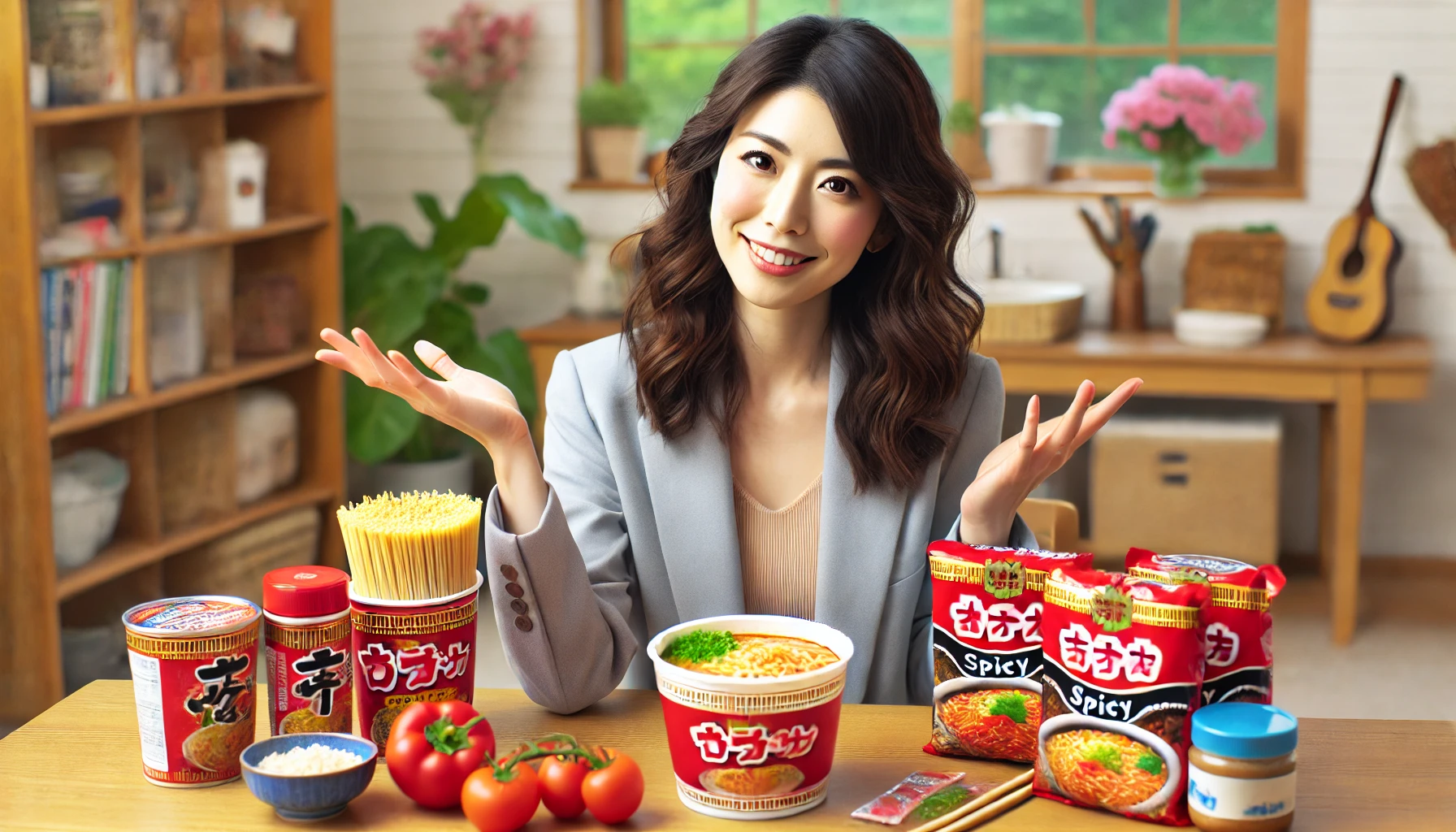 A Japanese woman giving advice on how to best enjoy spicy ramen cups with red vegetables. She is in a kitchen setting with various ramen ingredients and packages spread out on the table, looking engaged and enthusiastic.