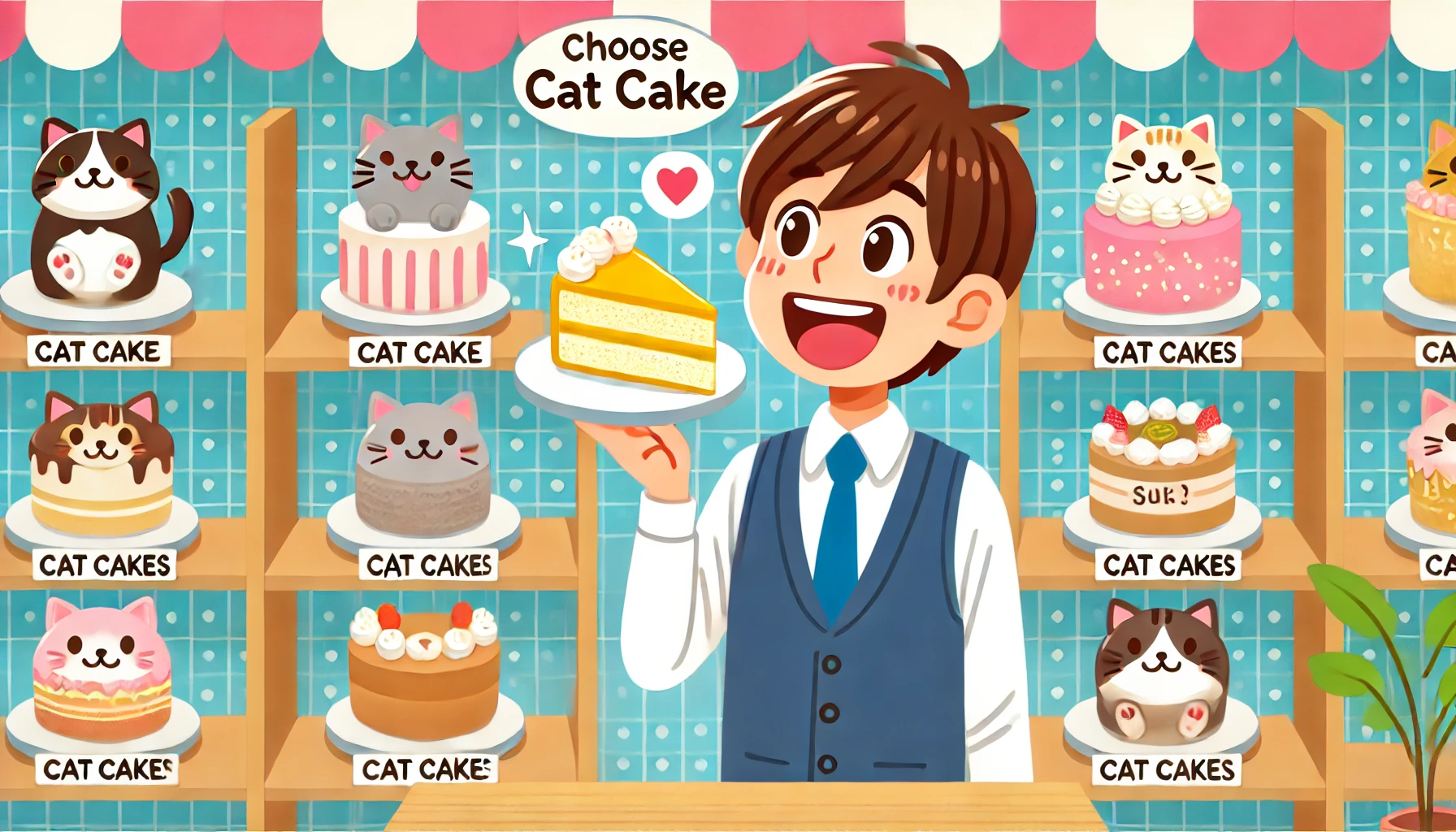 A person enjoying choosing a cat cake, appearing excited and happy. The person should be Japanese, set in a cheerful and colorful shop environment with a variety of cat cakes displayed. The scene should be lively and fun.