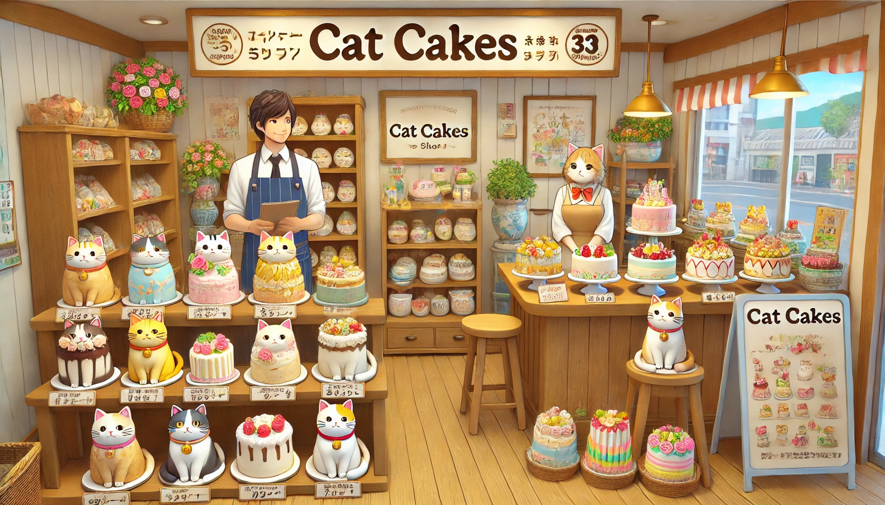 A place where cat cakes are sold, with a variety of beautifully decorated cat cakes on display. The shop should look inviting and colorful, with a friendly Japanese shopkeeper.