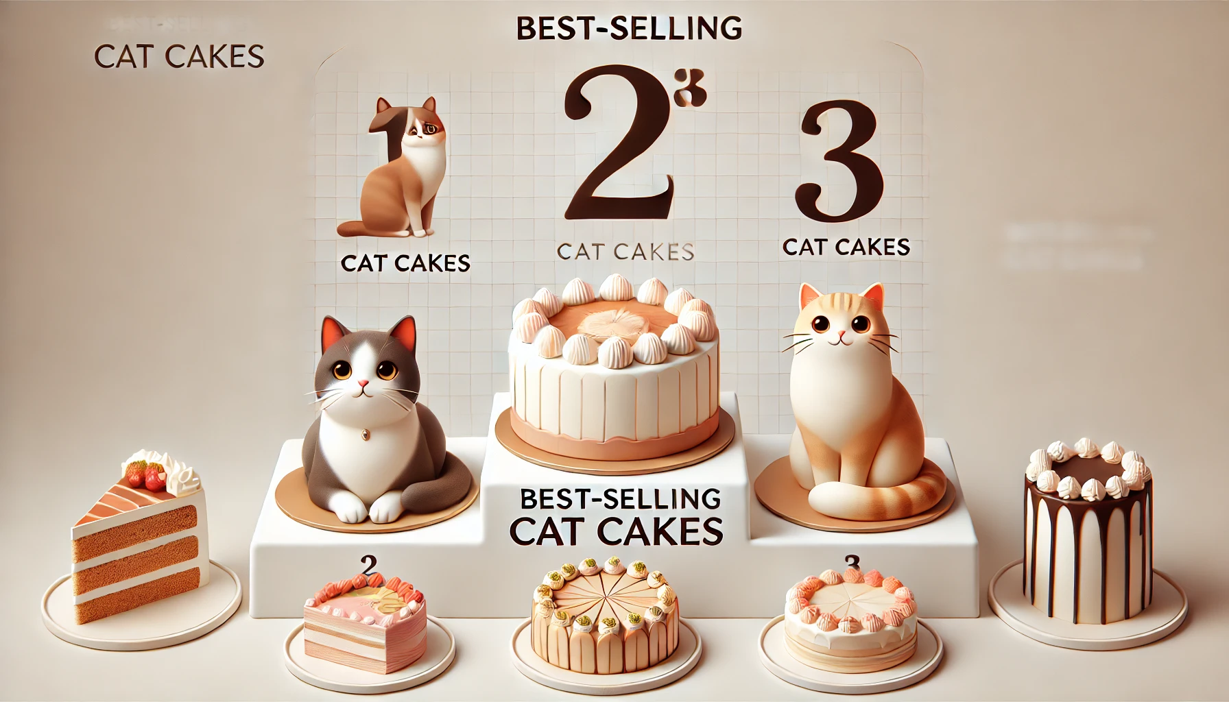 A ranking list of best-selling cat cakes, displayed in an elegant and professional layout. The scene should include various cat cakes, each with a ranking number, and a clean white background with stylish fonts.