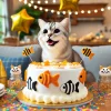 A happy cat enjoying a celebration with a cat cake, surrounded by festive decorations. The cat should look joyful and excited, with the cake adorned with fish shapes and other cat-friendly decorations.