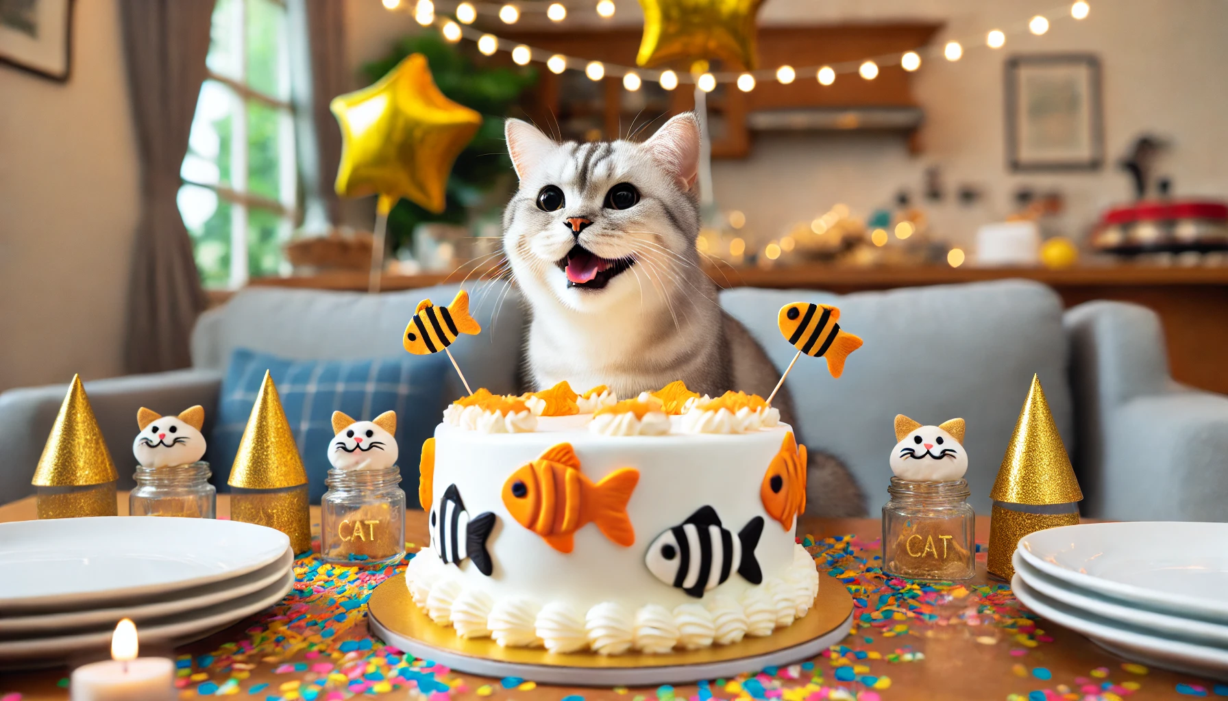 A happy cat enjoying a celebration with a cat cake, surrounded by festive decorations. The cat should look joyful and excited, with the cake adorned with fish shapes and other cat-friendly decorations.