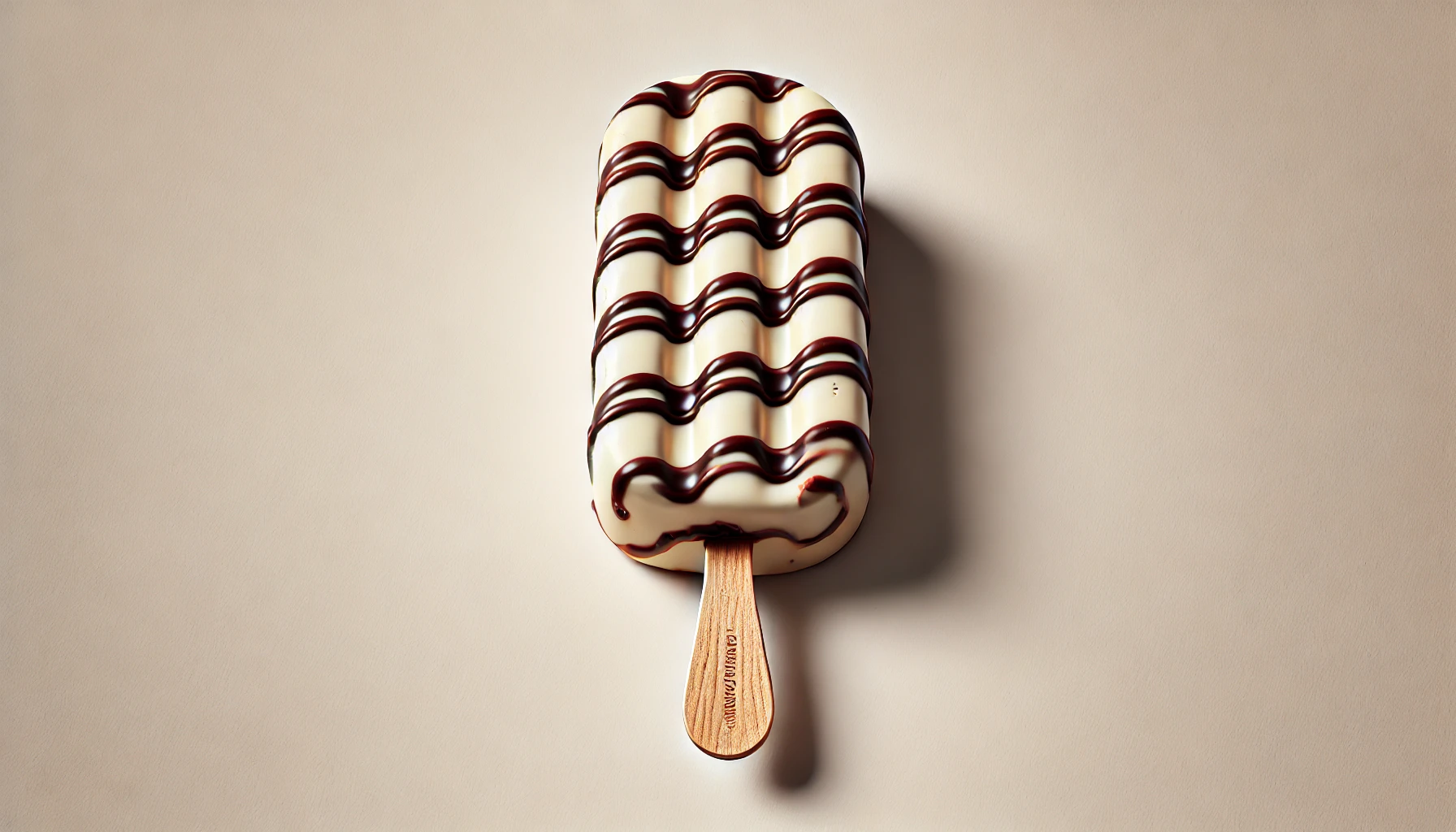 A vanilla ice cream bar with irregular chocolate swirls on a stick, displayed prominently against a clean background.